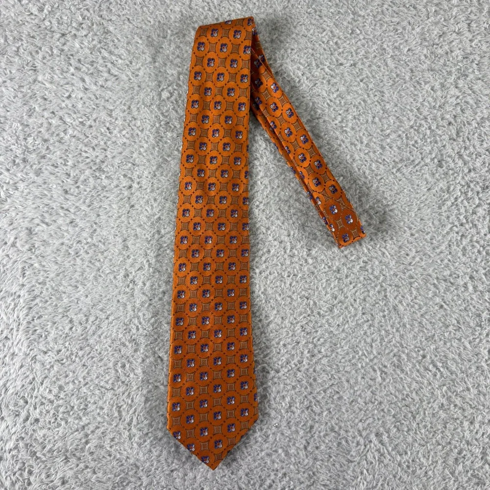 Canali Mens Silk Tie Orange Blue Geometric Floral Medallion Made in Italy